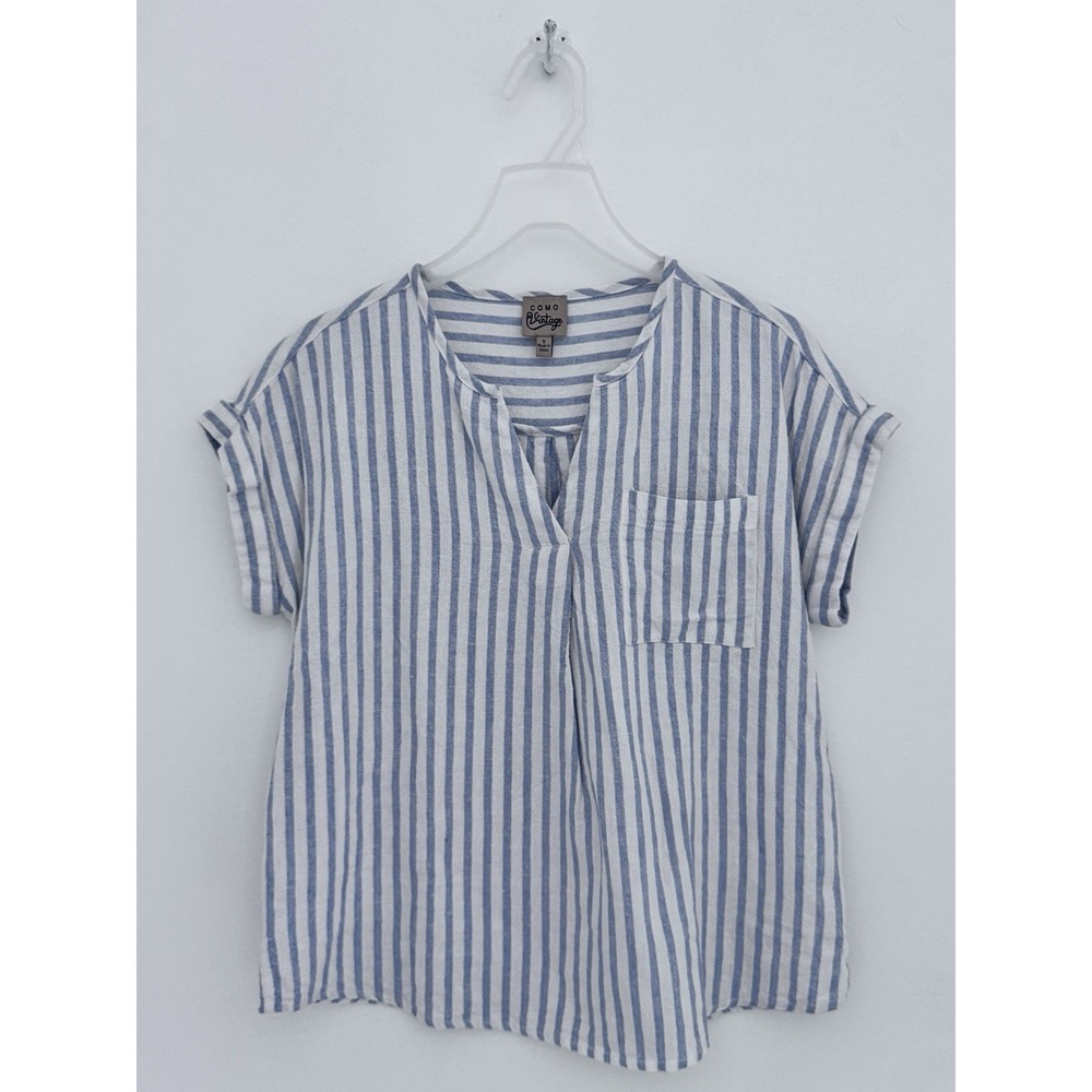 COMO VINTAGE Top Womens S White Blue Stripe Nautical Linen Blend Lagenlook